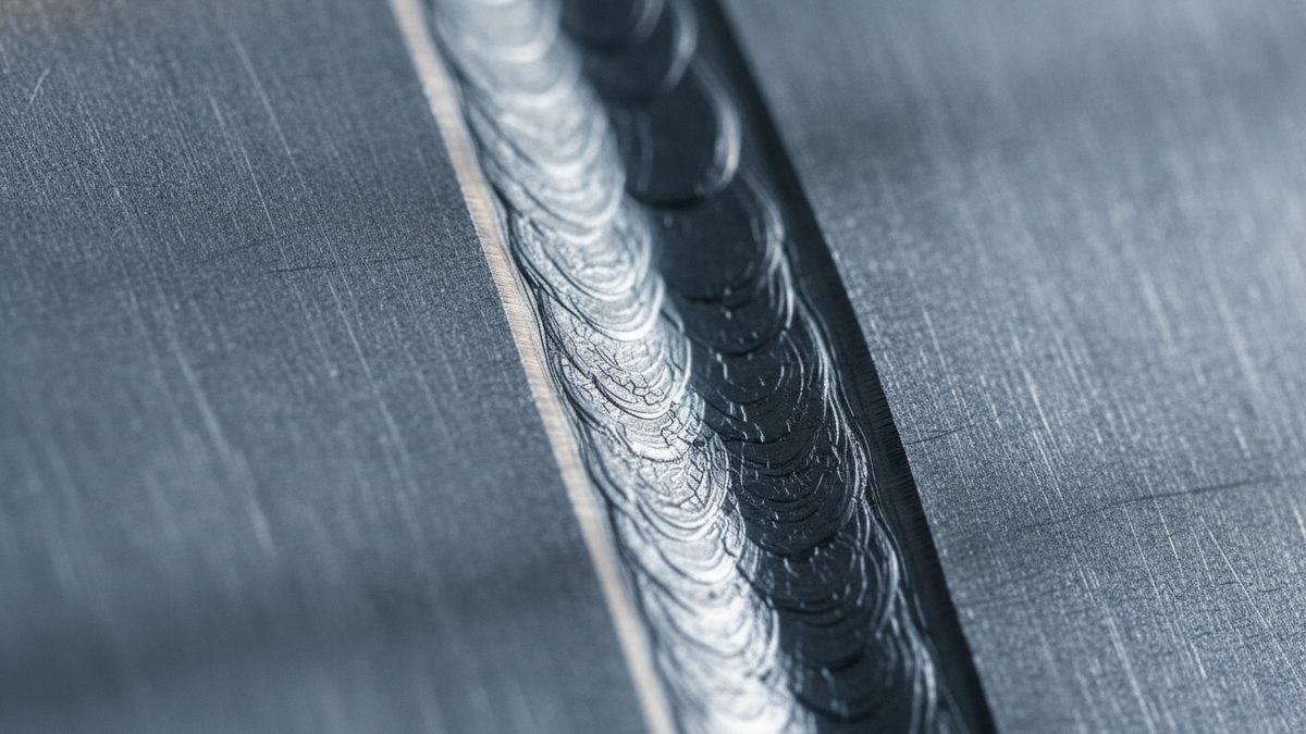 A close-up of a bright, rippled metal weld bead running at a slight diagonal through the gap between two brushed gray steel plates covered in fine scratch marks, in cool bluish light.