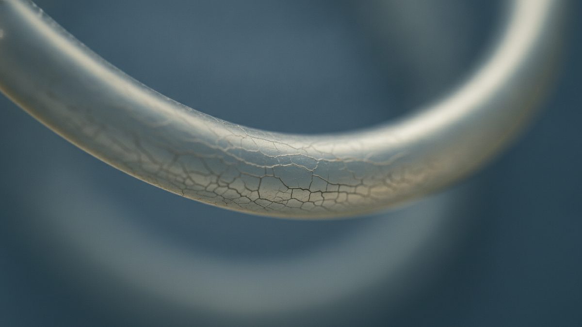 A macro close-up of a curved length of translucent pale gray tubing arcing across the frame, its surface crazed with a web of fine cracks along the bend, against a softly blurred blue-gray background.