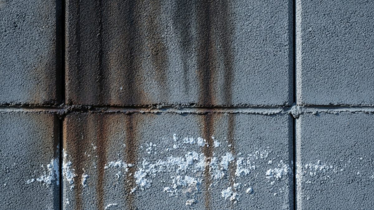 A close-up of a gray concrete block wall, with rust-brown streaks running down across two courses of blocks and white crusty deposits clustered on the lower course below a horizontal mortar joint.
