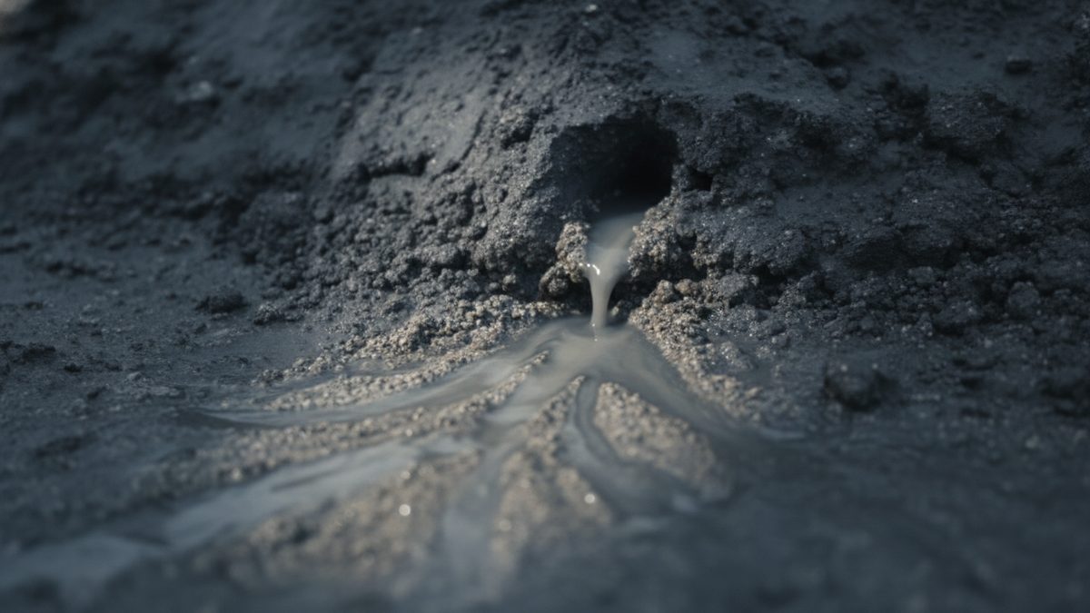 A close-up of dark gray soil with a small hole in a low bank, from which a thin stream of cloudy water trickles out and spreads in branching rivulets across a fan of lighter sand below.
