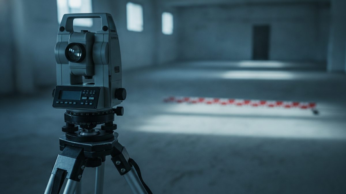 A gray surveying total station on a tripod stands in the left foreground of a dim, empty room with bare concrete walls and floor, while a strip of red-and-white tape lies across the floor in the blurred background beneath small high windows and a dark doorway.