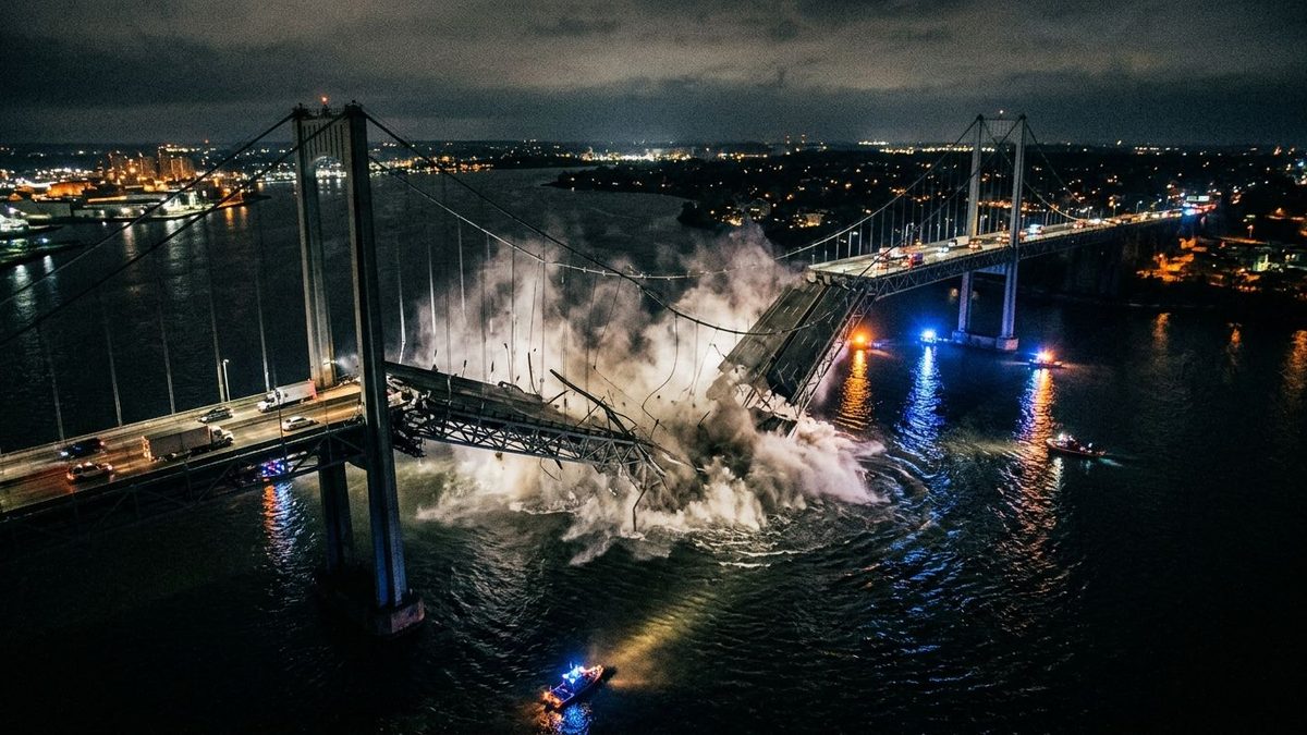 A nighttime aerial view of a long bridge whose center span has broken and is falling into dark water in a large white plume of spray, with cars and a truck on the intact approach, small boats with flashing blue lights on the water below, and city lights along the far shore under a cloudy sky.
