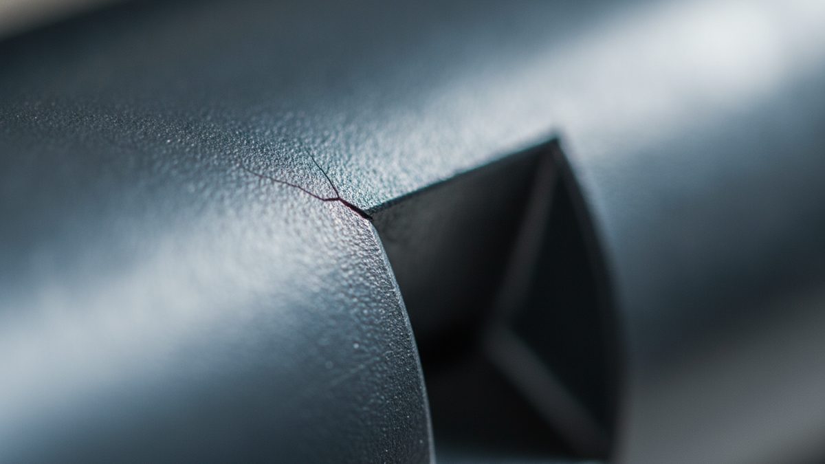 A close-up of a dark blue-gray, finely textured cylindrical metal shaft with a rectangular slot cut into its surface, and a thin, branching reddish crack running from the slot’s corner across the curved surface, with the background softly out of focus.