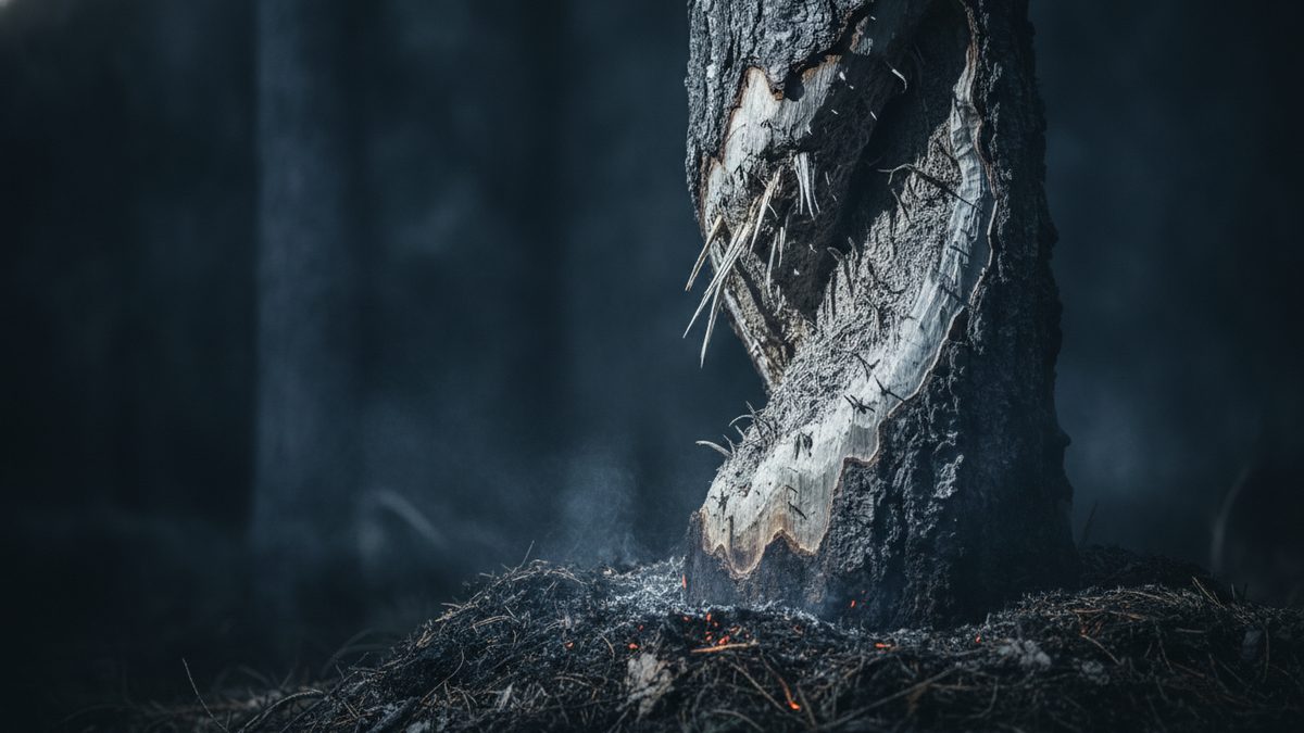 A charred tree trunk with a long, curving strip of bark torn away to expose pale, splintered wood rises from a mound of blackened forest litter dotted with small glowing embers and thin smoke, against a dark, blurred forest background.