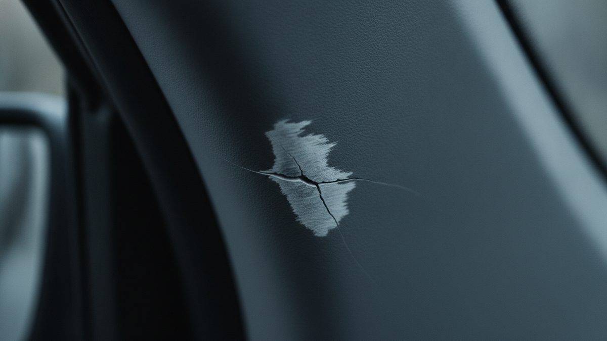 A close-up of a curved dark gray vehicle interior trim panel with a pale scuffed patch and a small cross-shaped crack at its center, beside a blurred window at the left edge.