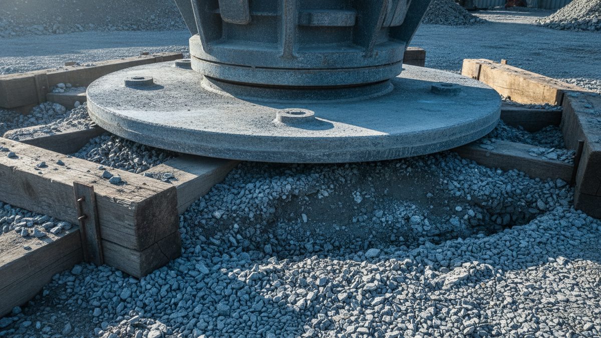 A close-up of a heavy cylindrical steel fitting mounted on a wide, round steel pad that sits on crushed gray gravel, with timber beams laid around it, a shallow hollow scooped out of the gravel in front of the pad, and gravel piles in a sunlit yard behind.