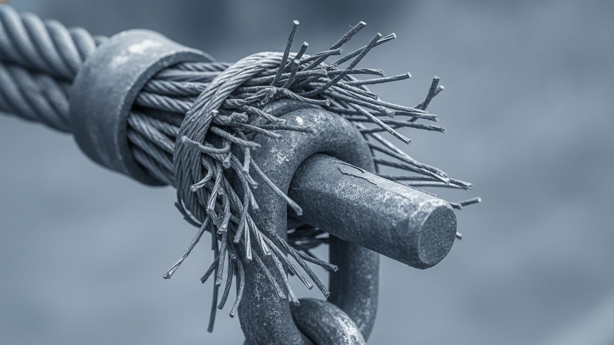 A close-up of a steel wire rope with a metal sleeve, its strands splayed into broken wire ends where it wraps around the pin of a weathered shackle, with a chain link below, against a blurred blue-gray background.