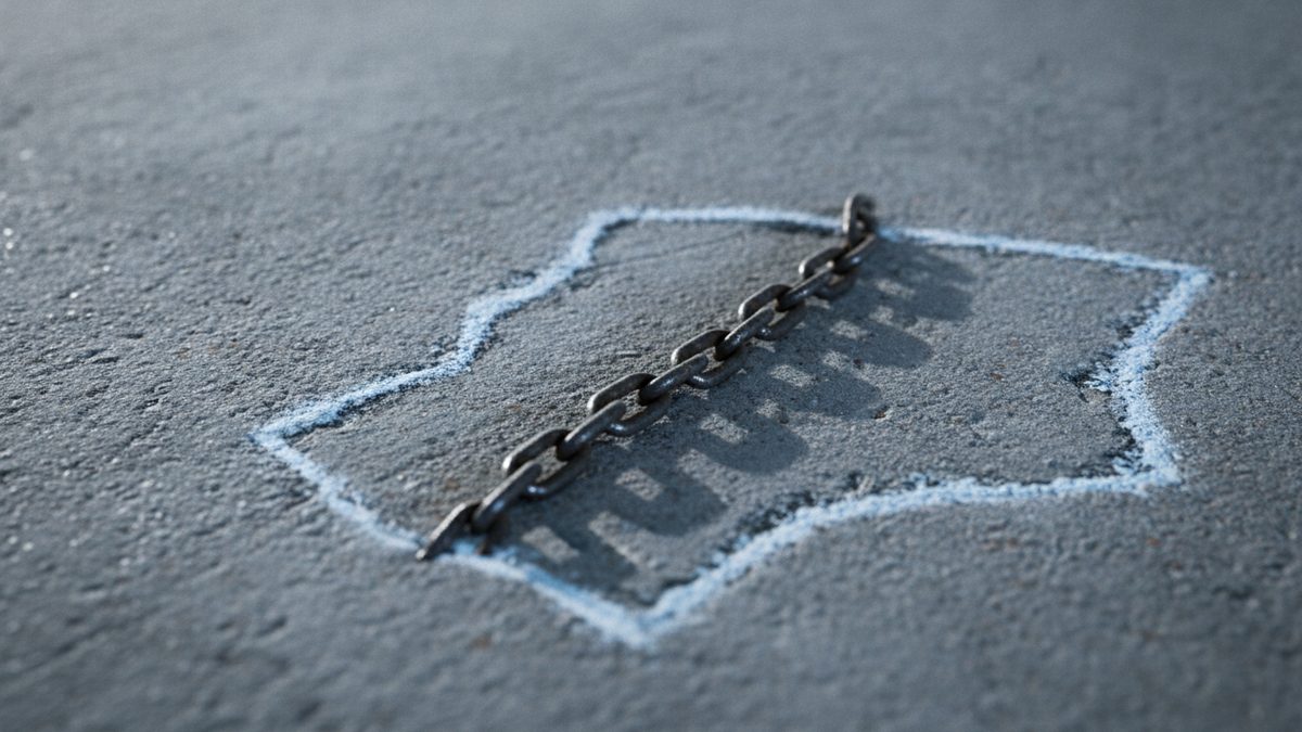 A close-up of a rough gray concrete surface with a short length of dark, rusted steel chain lying diagonally across it inside an irregular outline drawn in pale chalk, the chain casting shadows toward the right and the surrounding concrete falling out of focus.