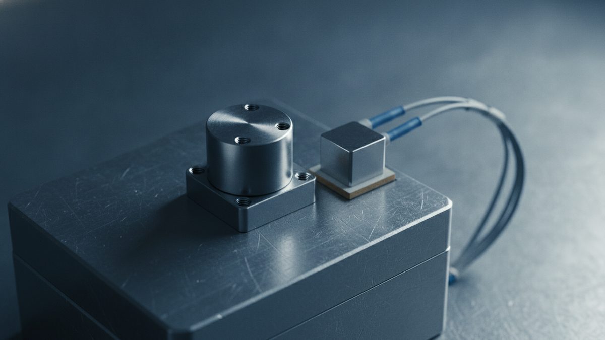 A cylindrical metal fitting on a square flange with four empty threaded holes and a small metal cube trailing two blue-sleeved cables sit on top of a scratched brushed-metal box against a dark blue-gray background.