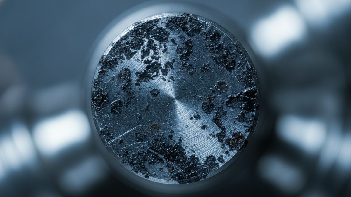 A close-up of the flat circular end face of a machined metal cylinder, its fine concentric turning marks and a few scratches partly covered by dark, crusted, flaking patches, set against a blurred blue-gray background.