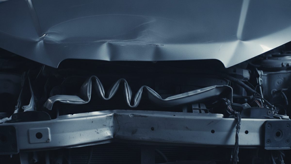 A close-up of a crumpled silver car front end in cool blue-gray light, with the dented, buckled hood across the top, a thin metal strip folded into a zigzag in the dark engine bay below it, a bent horizontal steel beam with bolt holes along the bottom, and loose wiring on the right.