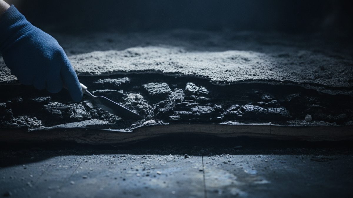 A hand in a blue knit glove works a small metal spatula into a layered bed of gray ash and blackened, cracked char that rests above a dust-covered floor, lit dimly in cool blue tones.
