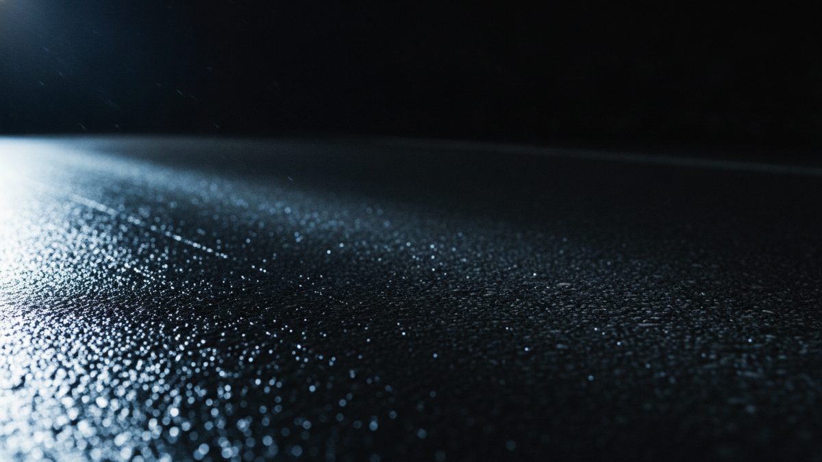 A low-angle close-up of a dark, textured asphalt surface glinting with countless specks of reflected light from a bright source at the upper left, the pavement fading into black darkness toward the top of the frame.