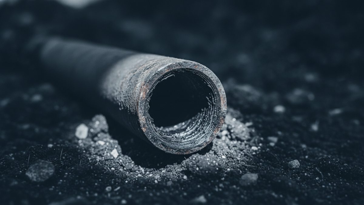A close-up of a short length of dark, rust-edged metal pipe lying on dark soil scattered with pale grit, its open end facing the camera to show ridged, crusted interior walls against a blurred background.