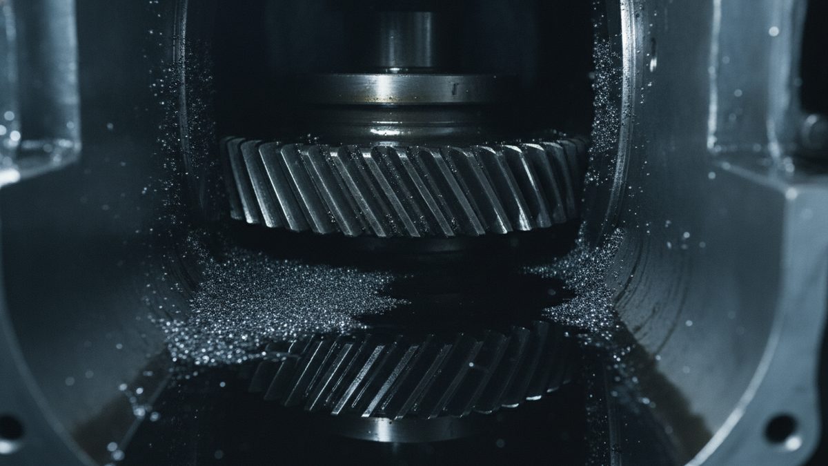 A close-up view inside an open metal gearbox housing shows a helical gear on a shaft at the top center and a second helical gear below it, with a dark pool of oil and glittering metal particles spread between them and scattered across the housing walls, in cool, dim light.