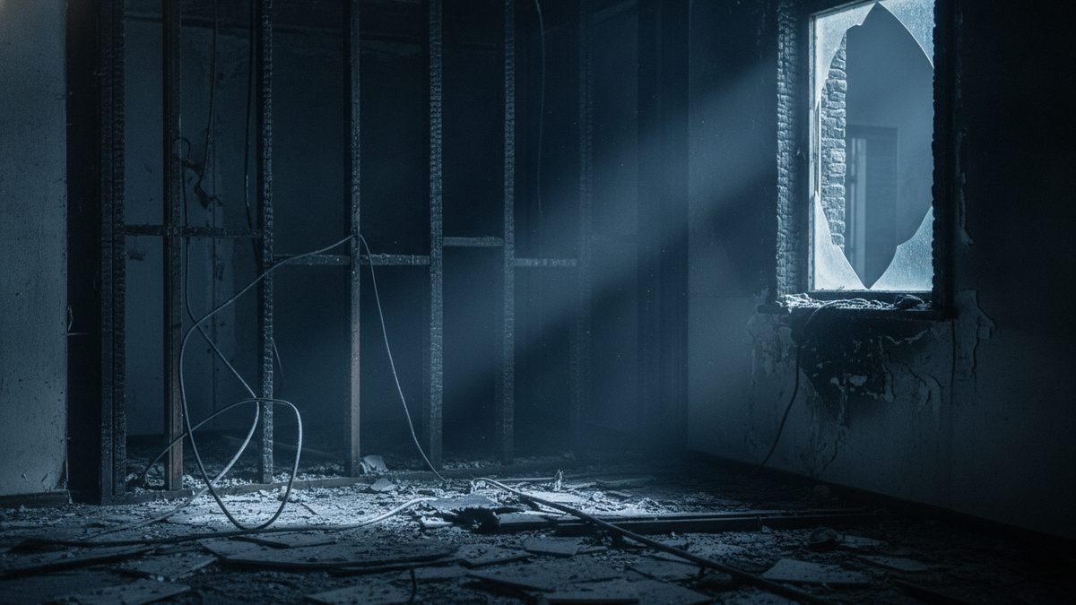 A dark, burned-out room with charred wall studs exposed on the left, loose electrical wires hanging and looping down to a debris-strewn floor, and a shaft of pale light slanting in through a shattered window on the right, below which the wall surface is blistered and peeling.