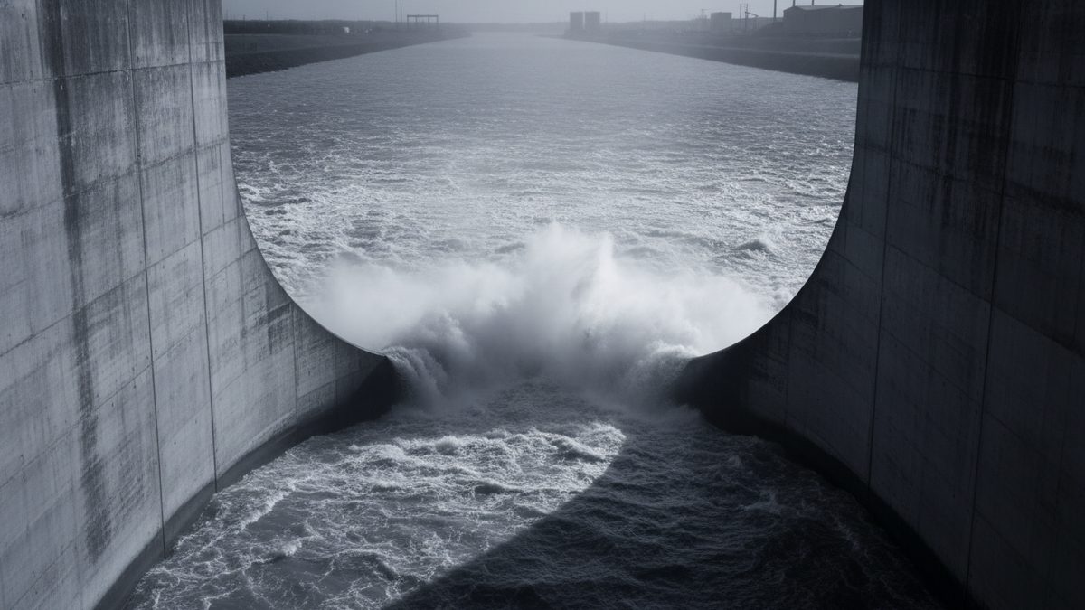 Desaturated view between two tall, weathered concrete walls that curve outward into a rounded opening, framing a wide expanse of choppy water that bursts into white spray in the gap and churns through the shadowed channel in the foreground, with low industrial buildings and towers on the hazy far bank.