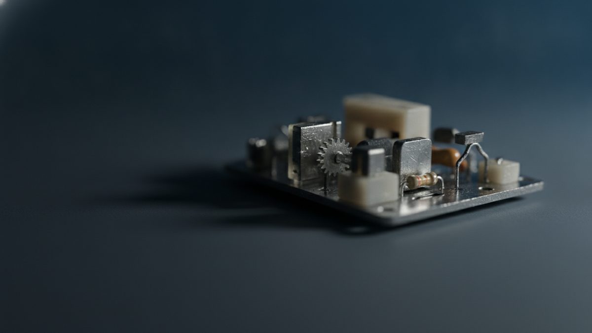 A small metal circuit board fitted with silver shielding boxes, white rectangular blocks, a toothed gear, a striped resistor and bent wire leads sits on the right of a dark blue-gray surface, in sharp focus against a blurred background, casting a long shadow to the left.