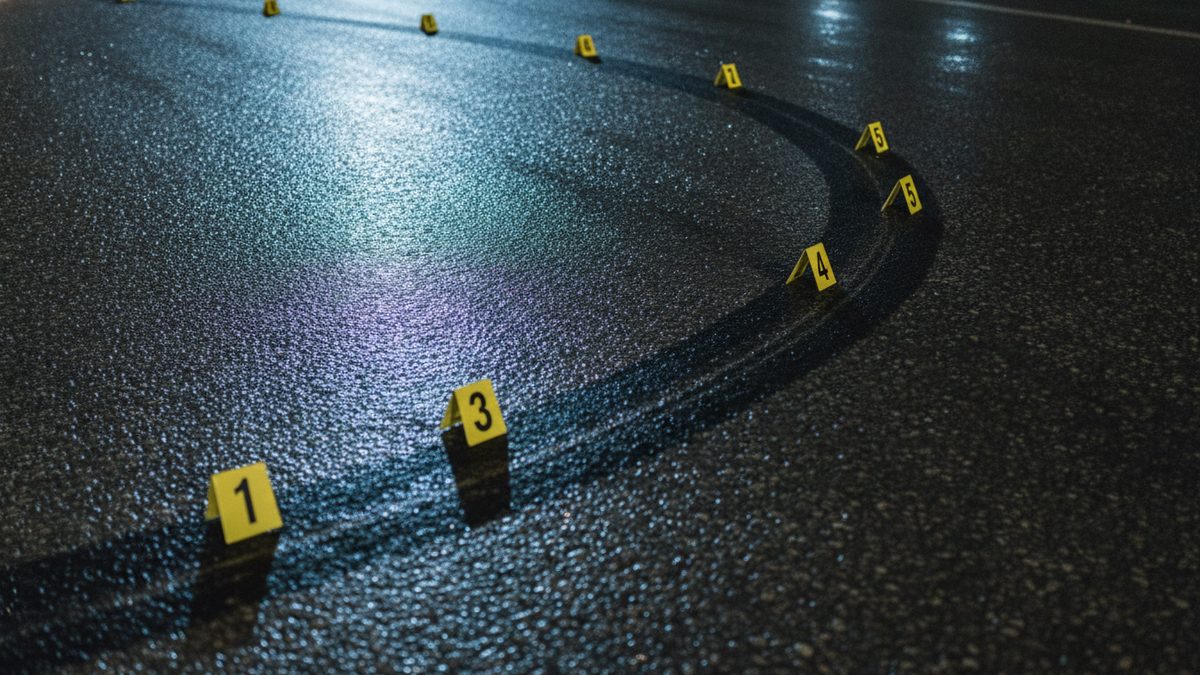 Yellow numbered evidence markers stand in a curving line along a dark tire skid mark on wet, glistening asphalt at night, with light reflecting off the road surface.
