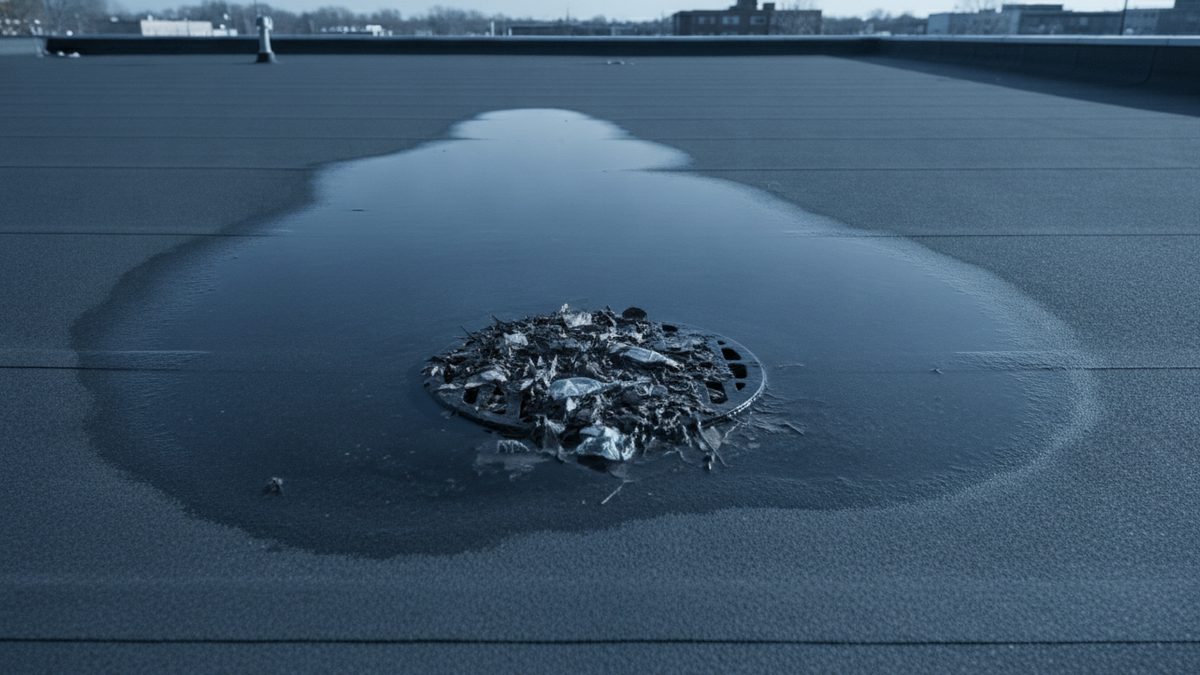 A pool of standing water spreads around a roof drain clogged with debris on a dark, seamed flat membrane roof, with a vent pipe and distant buildings along the horizon.