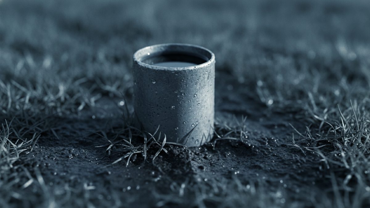 A short, open-topped gray cylinder beaded with water droplets stands upright in damp dark soil among sparse blades of grass, with water visible inside it and the background softly blurred in a blue-gray tone.