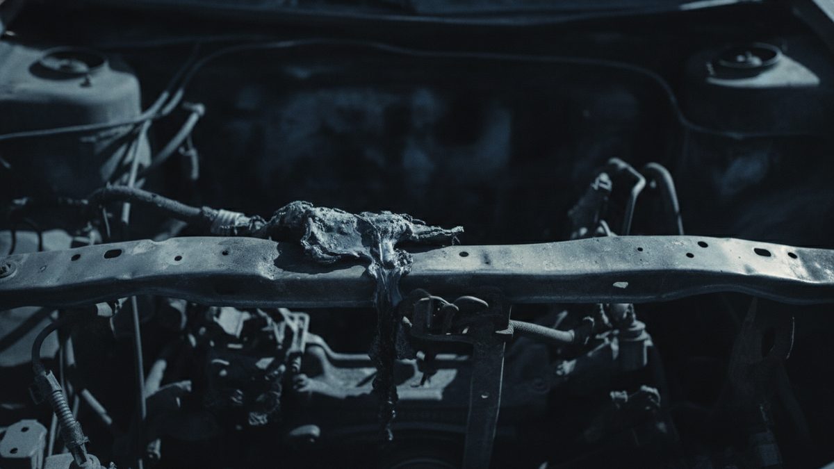 A dark, blue-toned close-up of a burned-out engine bay, where a lump of melted, charred material drapes over a perforated steel crossmember and drips down toward the soot-covered hoses, wiring and engine parts behind it.