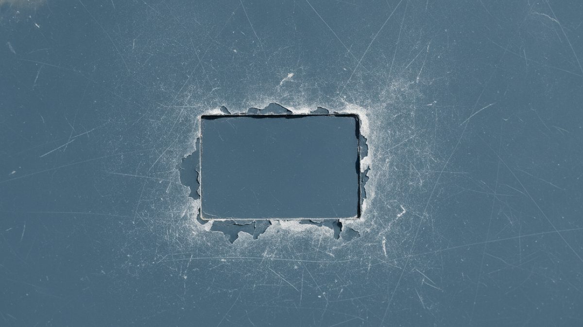 A flat slate-blue surface covered in fine scratches, with a rectangular section at its center outlined by a dark edge and ringed by jagged, flaking chips and a halo of white powdery residue.