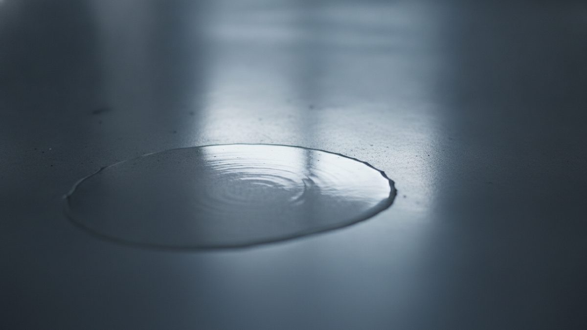 A shallow puddle of clear liquid with faint concentric ripples sits on a smooth gray floor, catching a pale band of cool reflected light, with the rest of the floor fading into blur.