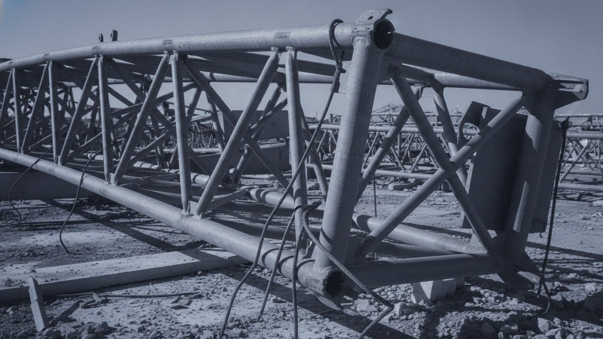 A tubular steel lattice boom section lies on gravel and rubble-strewn ground with loose ropes hanging from its top chord, more lattice sections stacked in the background under a pale sky, in a cool blue-toned photograph.