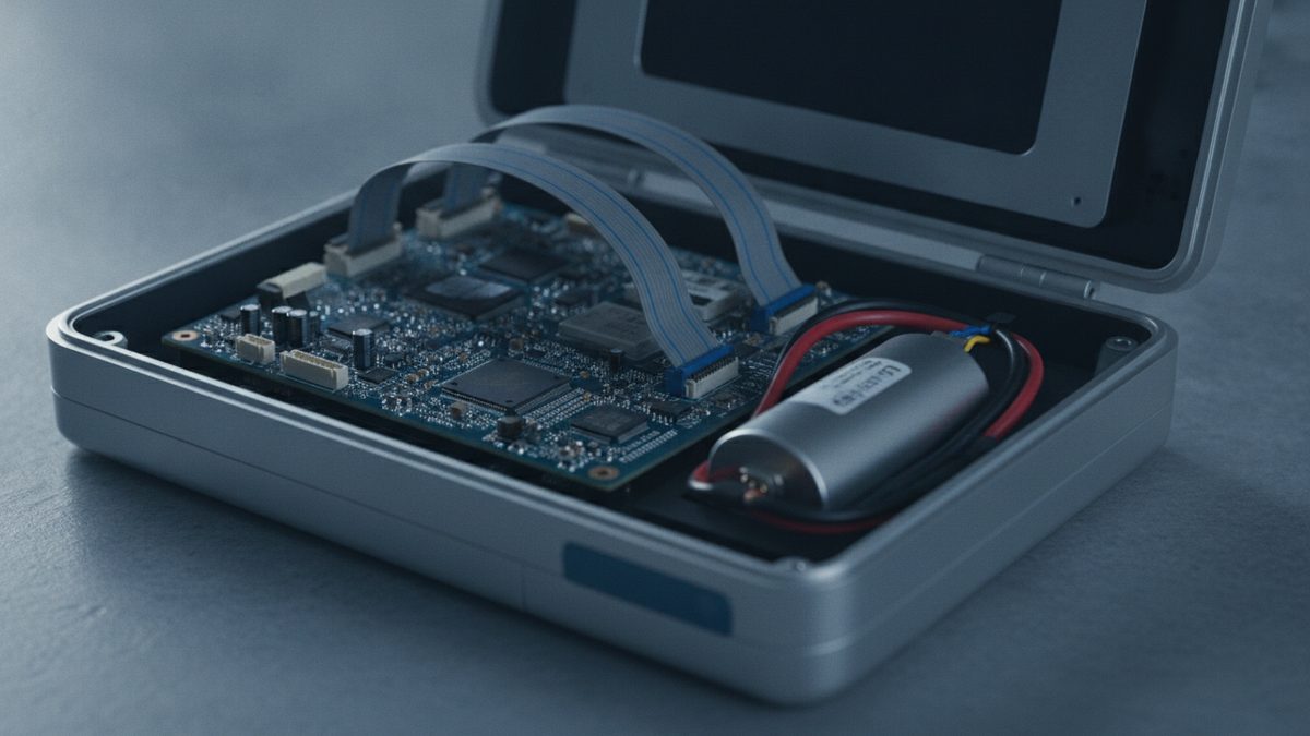 An open silver device case on a gray surface holds a dark circuit board crossed by two arching gray ribbon cables and a labeled cylindrical battery wired with red and black leads, with the lid and its dark inner panel raised behind.