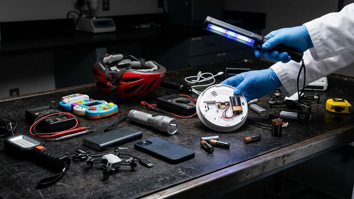 A dark, scuffed laboratory workbench is strewn with consumer products and test gear, including a red bicycle helmet, an opened white smoke detector with its 9-volt battery exposed, a flashlight, a power bank, a smartphone, a small drone, a child’s toy, multimeters, loose batteries and a yellow tape measure, while a person in a white lab coat holds a glowing handheld light above the detector in one blue-gloved hand and rests the other blue-gloved hand on the opened detector.