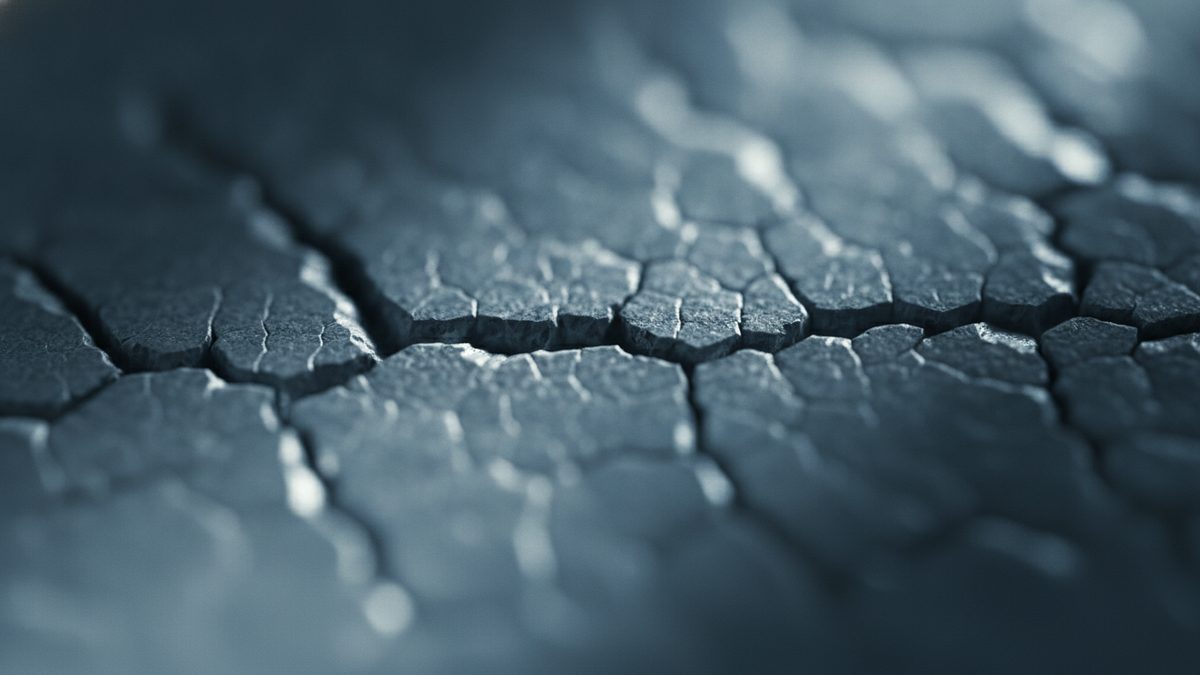 An extreme macro close-up of a dark blue-gray surface broken into irregular polygonal plates by a network of cracks, each plate finely textured with smaller hairline cracks, with a narrow band across the middle in sharp focus and the foreground and background falling into soft blur.
