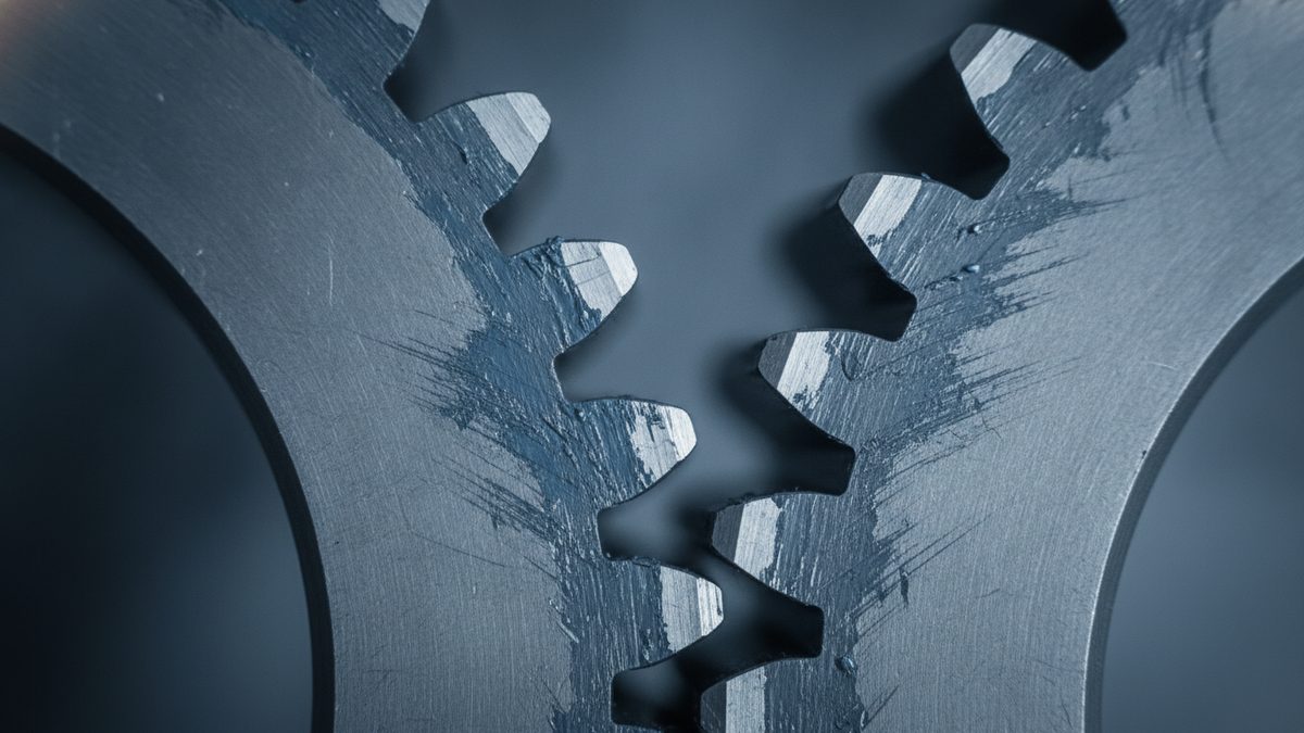 A close-up of two gray steel gears whose teeth face each other across a narrow zigzag gap, their teeth and faces smeared with streaks of blue-gray paste, against a dark blue-toned background.