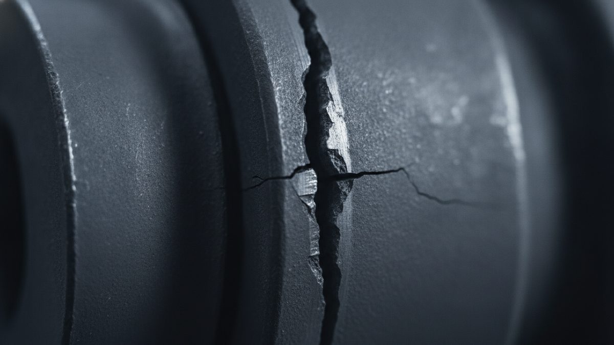 A close-up of a dark gray cylindrical metal part in which a deep, jagged crack runs vertically across a raised shoulder and a thinner hairline crack branches sideways across the scuffed surface.