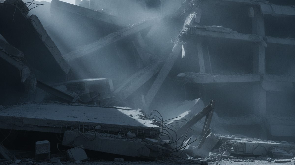 A dim, blue-gray view of a collapsed multistory concrete building, with broken floor slabs tilted and stacked on one another, bent reinforcing bars sprouting from a cracked slab edge, concrete chunks scattered across the ground, and a partly standing frame of exposed floors at the right, all lit by shafts of light through hanging dust.