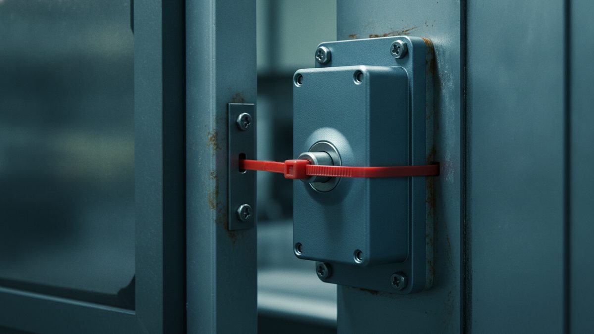 A close-up of a blue-gray steel enclosure with a rectangular switch box mounted on the frame beside a slightly open door, a red cable tie wrapped around the switch box across its round center plunger and threaded through a slotted metal plate on the door edge, with rust stains on the painted metal and a blurred interior behind.
