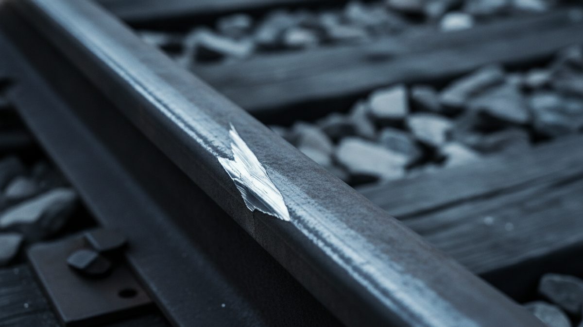 A close-up of a dark steel rail running diagonally across the frame, with a bright, jagged patch of freshly exposed metal on top of the rail head, a rail fastening plate at lower left, and blurred wooden ties and gray ballast stones behind it, all in cool blue-gray tones.