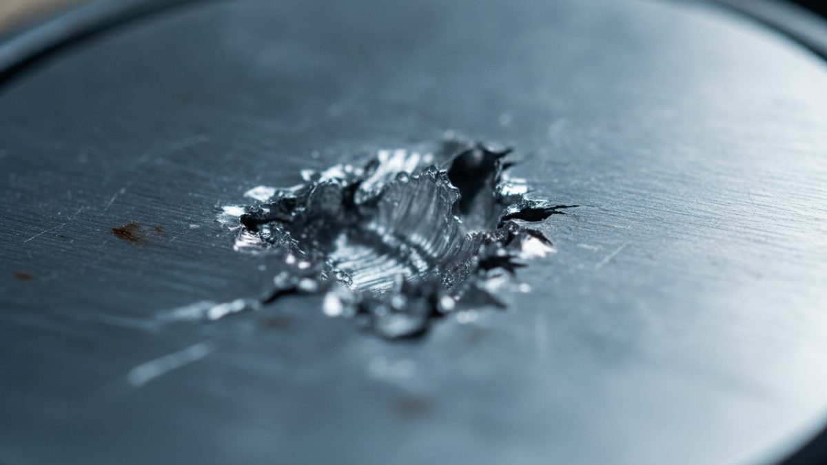 A close-up of a flat, brushed gray metal surface with a jagged crater torn into its center, bright fractured flakes of metal around the crater’s rim and a few small rust-colored spots to its left, the rest of the surface falling out of focus.