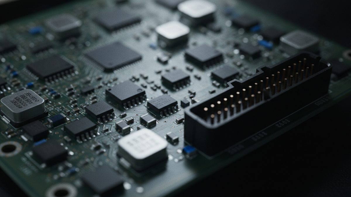 A close-up of a dark green circuit board, lit dimly against a black background, with rows of black microchips, small silver metal components and tiny blue parts, and a black multi-pin connector with gold pins in the right foreground.