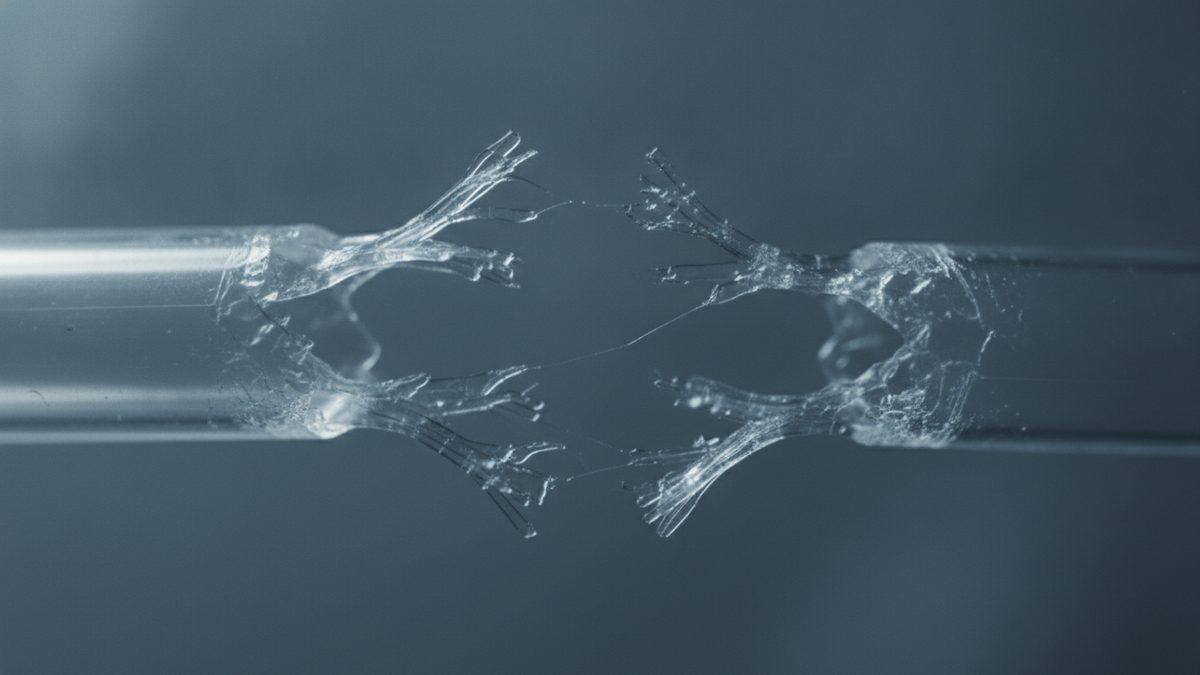 A clear plastic tube shown in close-up and separated in the middle of the frame, with both torn ends splayed into stretched, stringy strands and fine filaments reaching across the gap, against a blurred blue-gray background.
