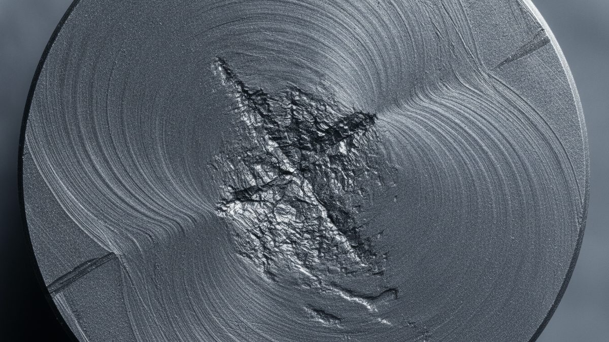 A head-on close-up of the gray, circular end face of a broken metal bar, with fine curved ridge lines sweeping in arcs from two notches on opposite sides of the rim toward a rough, jagged, irregular region in the center, set against a blue-gray background.