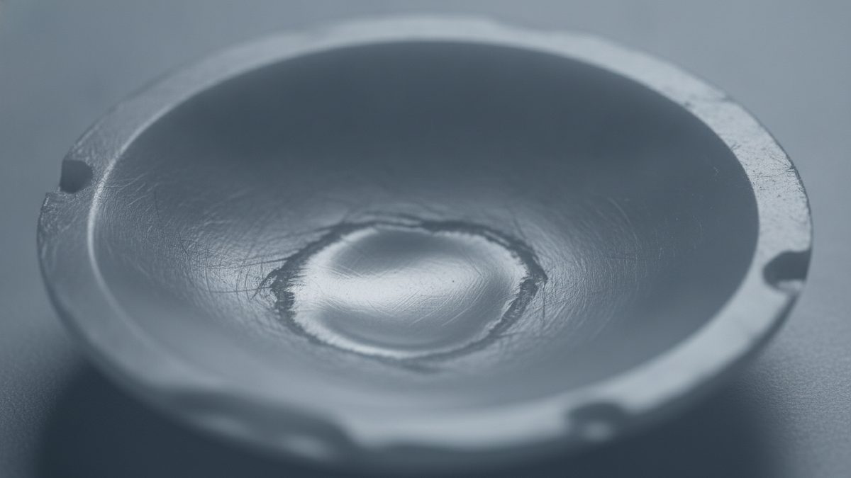 A close-up of a shallow gray cup-shaped component with notches around its rim, its scratched inner surface showing a rough-edged circular worn patch at the center, against a soft blue-gray background.
