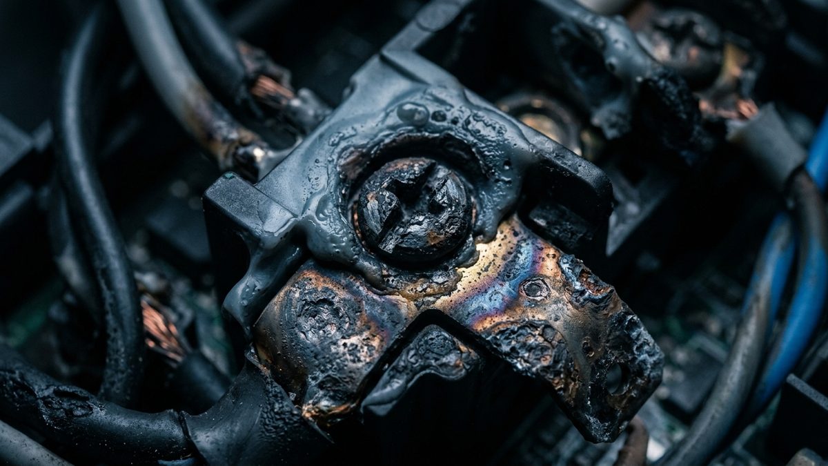 A close-up of a charred, blackened electrical terminal block with a burned screw head at its center, its metal tab showing blue and bronze heat discoloration and blistered, melted residue, surrounded by scorched wires with exposed copper strands and an intact blue wire at the right edge.