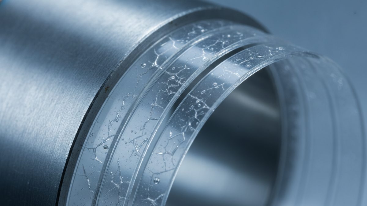 A close-up photograph of a brushed steel cylinder with a grooved, clear plastic collar fitted over its end, the collar covered in networks of fine branching cracks and scattered small droplets, all lit in cool blue-gray tones against a softly blurred background.