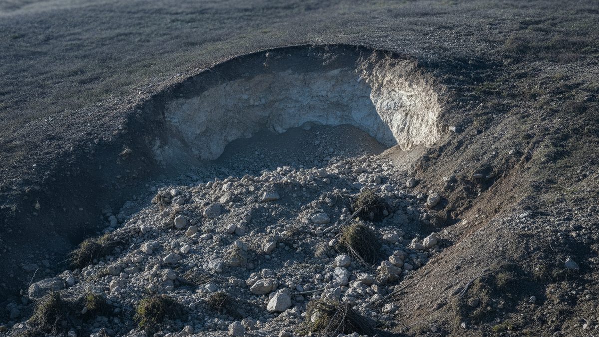 A close-up of a hillside scar where a curved bank of pale, chalky soil has broken away beneath a thin mat of dark grassy topsoil, with a spill of white and gray rocks and clumps of dry grass fanning down the slope below it in low, raking light.