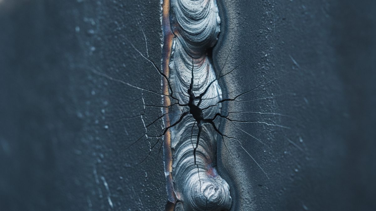 A close-up of a rippled weld bead running vertically down a dark blue-gray steel surface, with black cracks radiating outward from a point near its center across the bead and onto the surrounding metal.