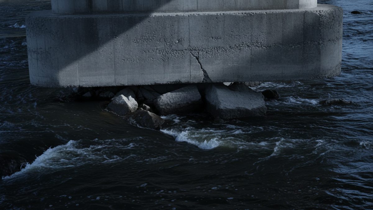 A close view of the concrete base of a bridge pier standing in dark, fast-moving river water, with a jagged crack running down its face, large angular boulders piled beneath its lower edge, and white foam where the current breaks around the rocks.