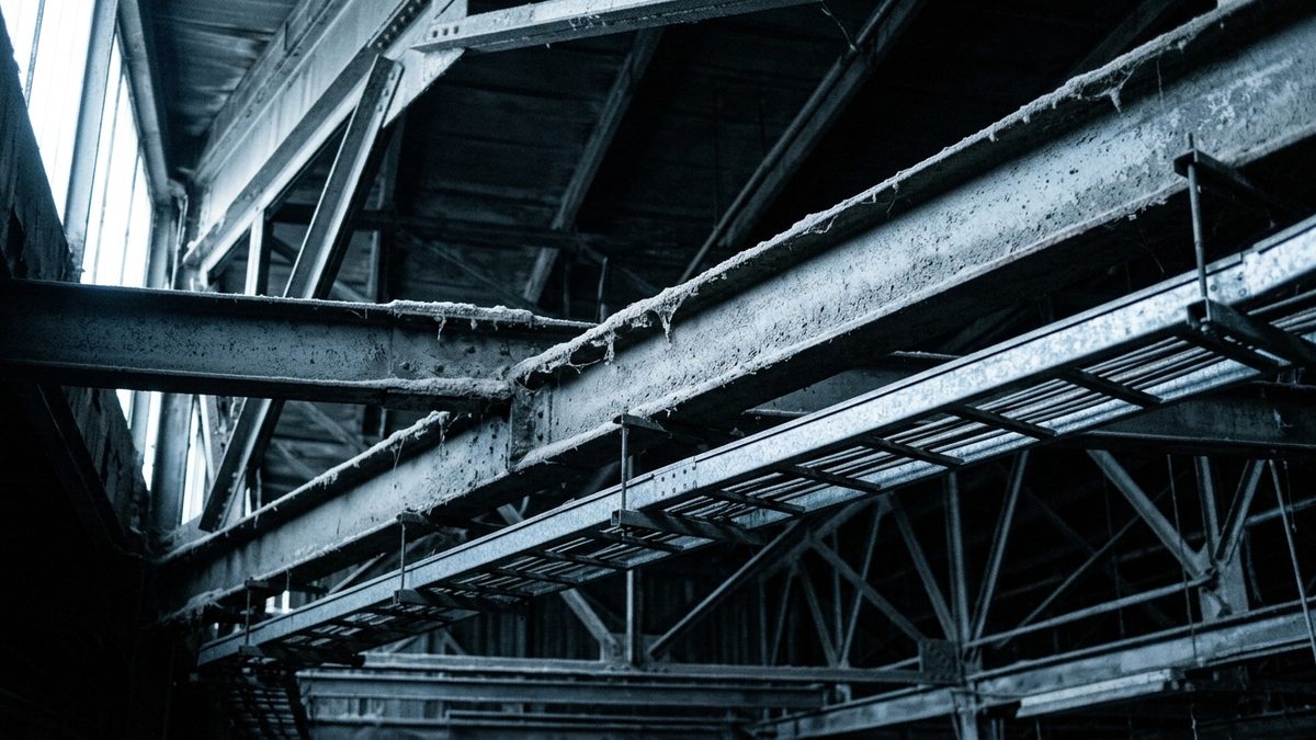 Looking up into a dim industrial roof space, steel beams and trusses carry thick, fuzzy gray deposits along their upper flanges, with strands hanging from the edges, while a suspended ladder-style metal cable tray runs diagonally across the foreground and tall windows admit light at the left, all in cool blue-gray tones.