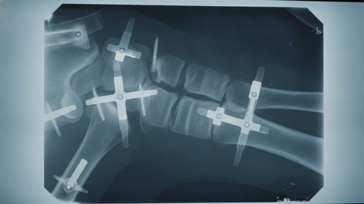 A blue-toned radiograph with clipped corners, framed by a pale backlit border, showing a bent joint and a row of bones held by several bright white cross-shaped plates with central screws and a number of threaded screws angled into the bone.