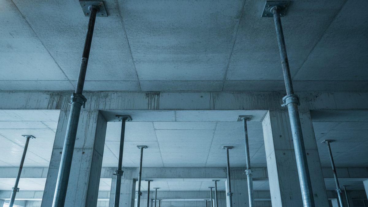 A low-angle view beneath a gray concrete ceiling, where adjustable steel shoring props with square top plates and threaded collars stand between square concrete columns and beams, with rows of more props receding into the dim, blue-tinted depth of the structure.